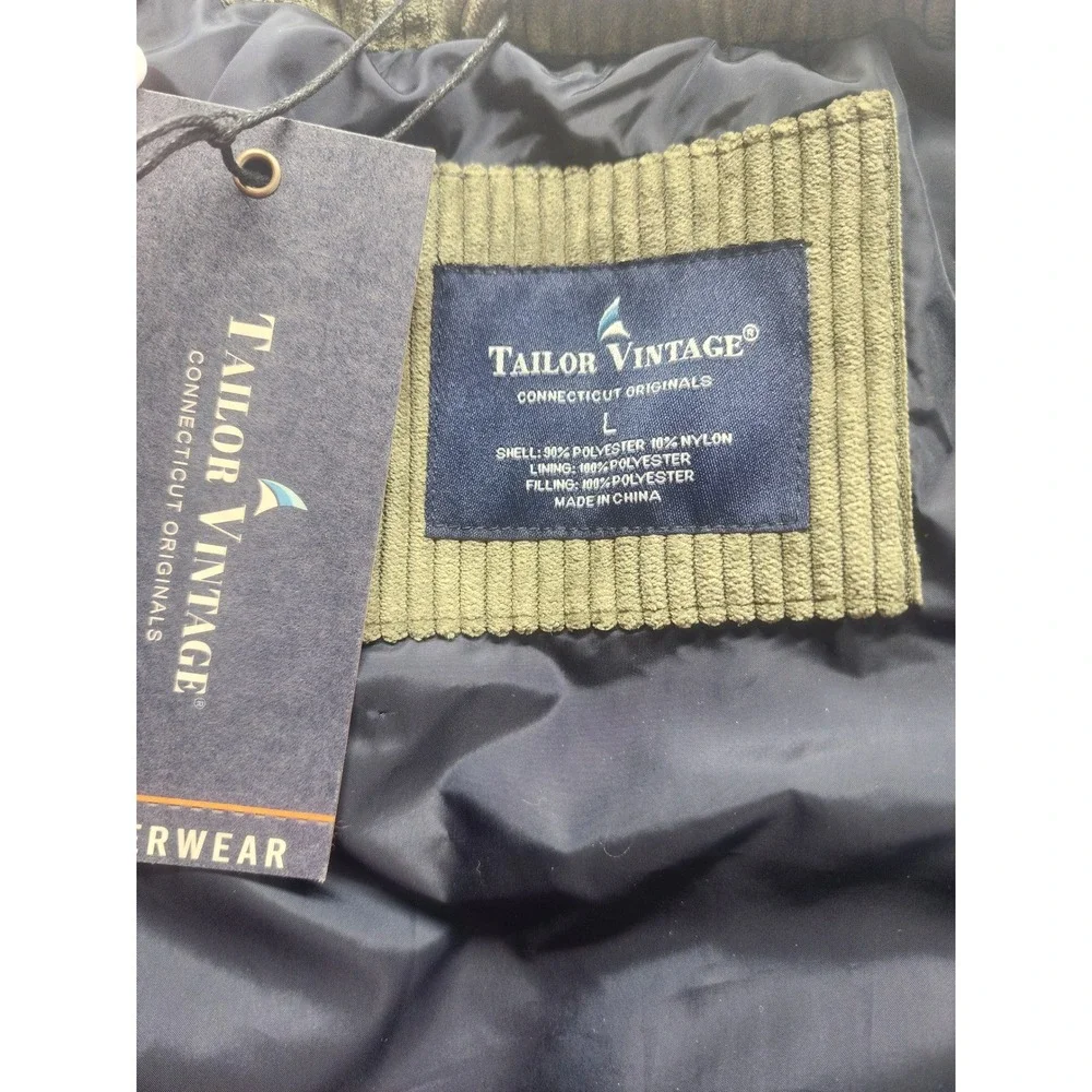 Tailor Vintage Mens L Corduroy Puffer Vest Army Green Full Zip Pockets Outerwear